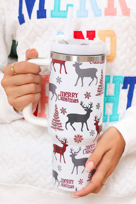 White Merry Christmas Tree Snowflake Elk Print Handle Tumbler