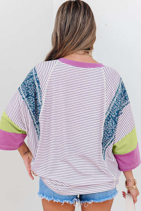 Purple Stripe Floral Color Block Raw Edge Patchwork Bracelet Sleeve Blouse