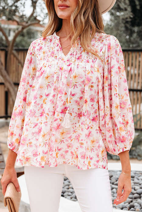 Pink Floral Print Tassel Tie Smocked V Neck Puff Sleeve Tunic Blouse