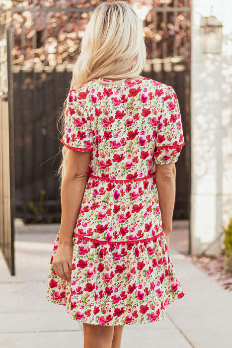 Red Floral Puff Sleeve Tiered Ric Rac Pocketed Mini Dress