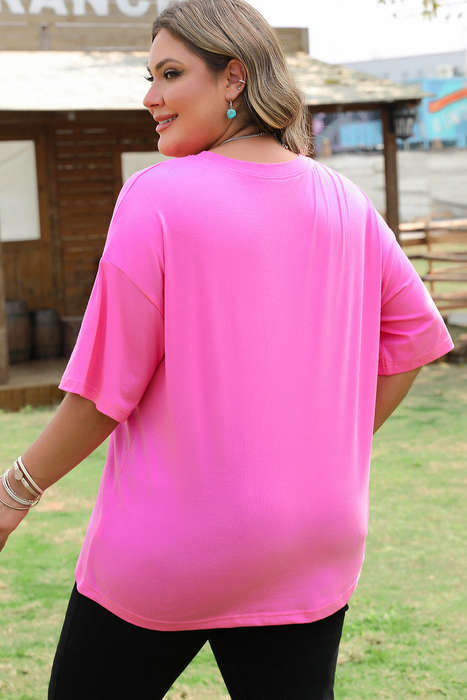 Bright Pink Checker MAMA Letter Printed Graphic Plus Size T Shirt