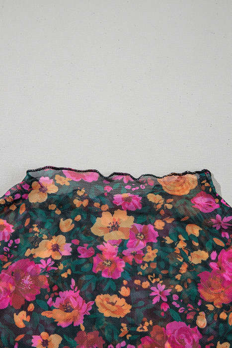 Rose Floral Print Mesh Stand Neck Short Sleeve Top
