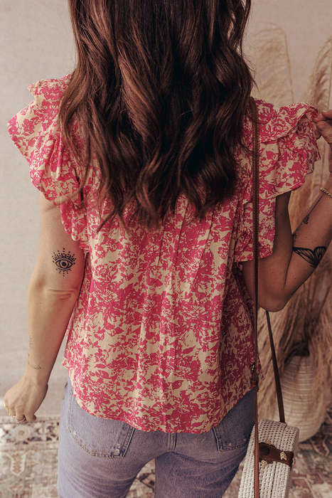 Rose Allover Printed Half Button Neck Ruffle Sleeve Blouse