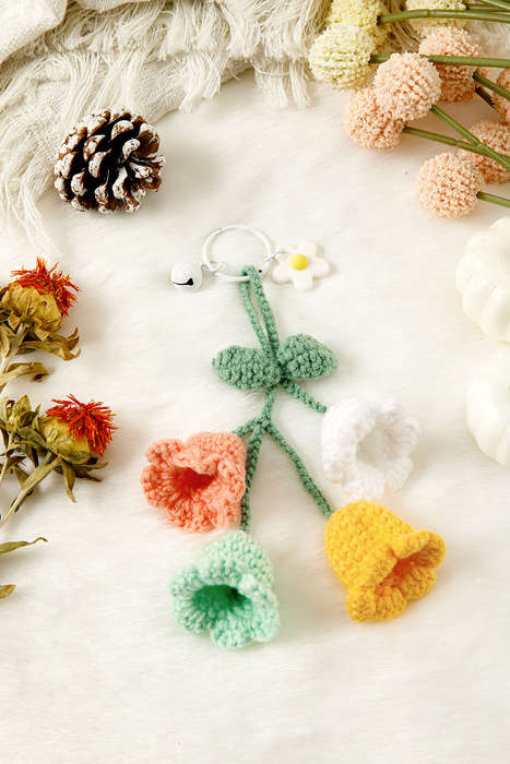 Meadow Mist Green Handmade Crochet Bell Orchid Flower Key Ring Bag Pendant