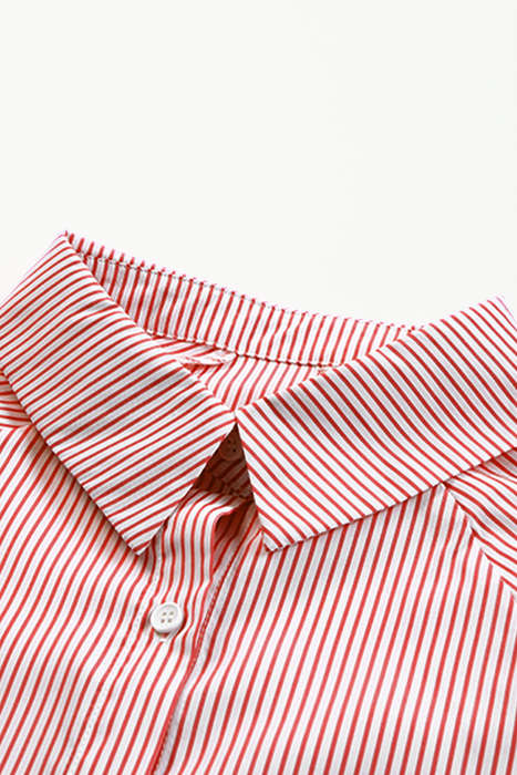 Red Stripe Smocked Cuffed Striped Boyfriend Shirt with Pocket