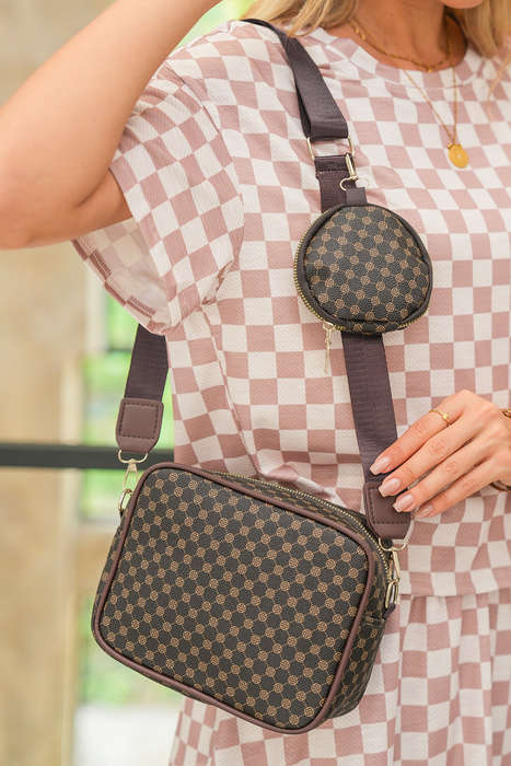 Coffee Checkered Print PU Leather Shoulder Bag with Coin Wallet