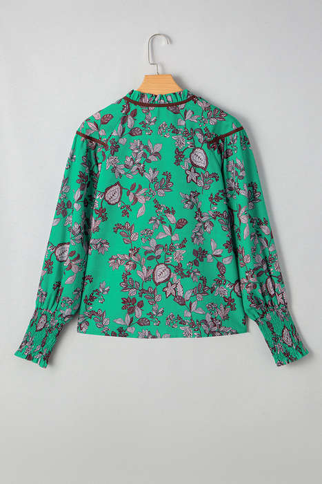 Green Leaves Print Contrast Trim V Neck Shirred Puff Sleeve Blouse