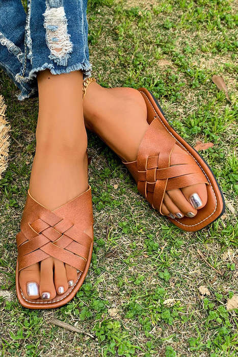 Coffee Crossed Woven Faux Leather Flat Fashion Slippers