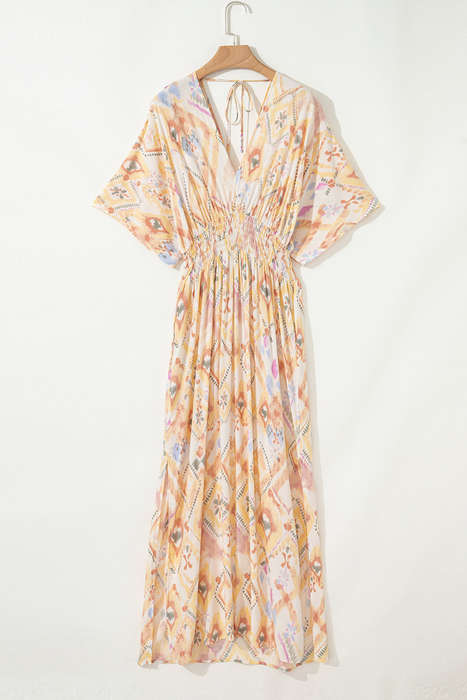 Multicolour Geometric Print Half Sleeve Shirred High Waist Maxi Dress