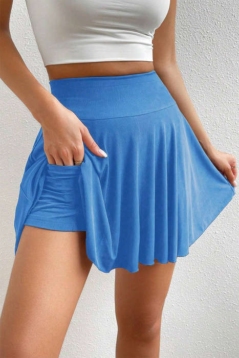 Blue A-line Draped High Waist Phone Pocket Lined Skort