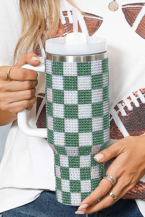 Blackish Green Full Rhinestone Checkerboard Handled Tumbler 40oz