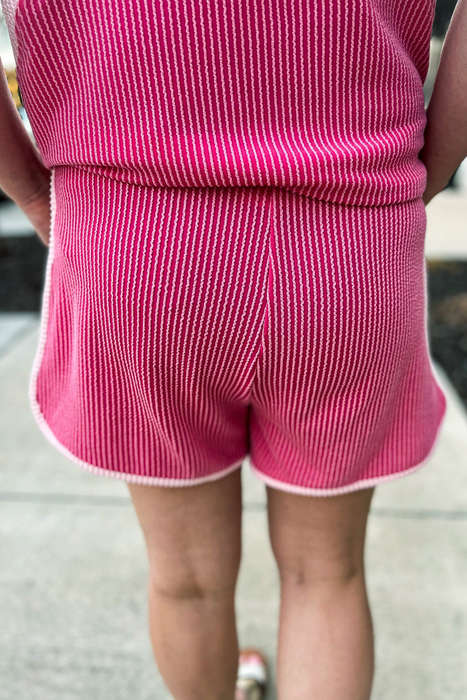 Rose Red 3D Spiral Ribbed Texture 2 Tones Patchwork Short Set