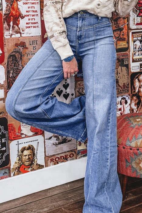 Beau Blue Tailored Center Seam Detail Straight Loose High Rise Jeans