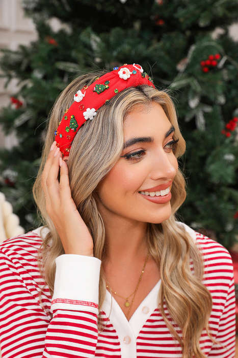 Fiery Red Cartoon Christmas Pattern Rhinestone Knotted Headband