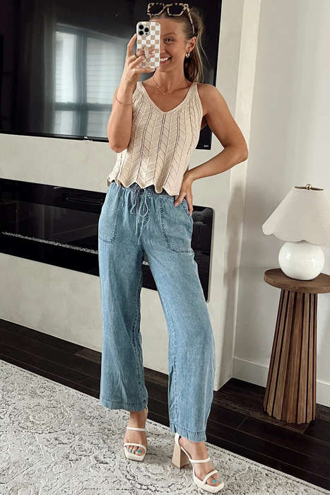 Myosotis Mineral Wash Drawstring Elastic Waistband Loose Straight Denim Pants