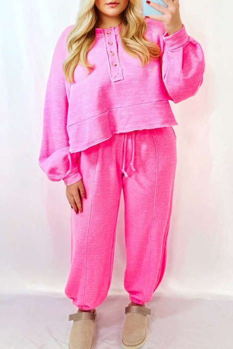 Bright Pink Plus Size Henley Drop Shoulder Pullover and Jogger Pants Two Piece Set