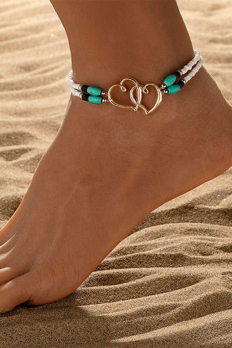 Gold Boho Heart Shape Turquoise Beaded Stretch Anklet