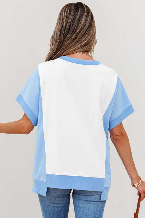 Sky Blue Color Block Exposed Seam Crew Neck T Shirt