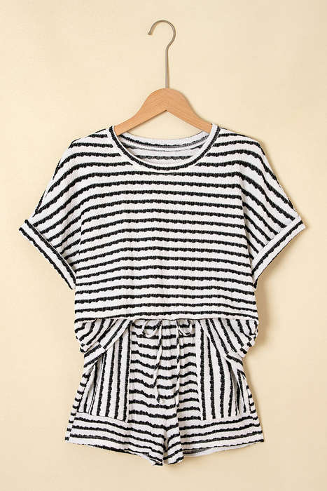 Black Stripe Knitted Short Sleeve Top and Drawstring Shorts Set