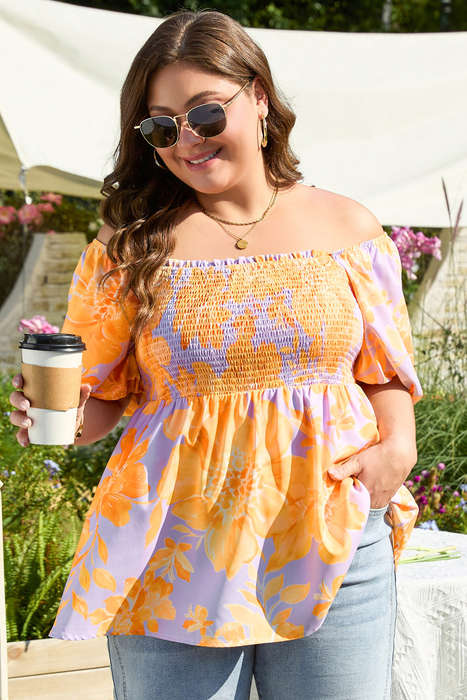 Purple Floral Puff Sleeve Square Neck Smocked Plus Size Babydoll Blouse