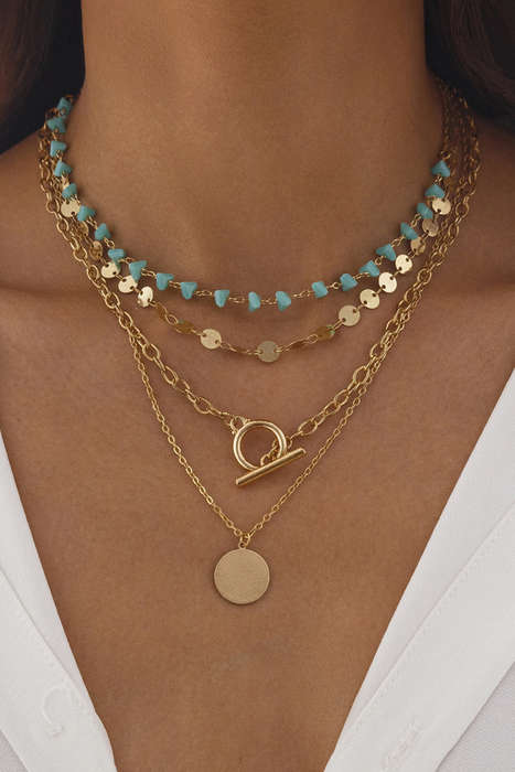 Gold Plated Toggle Disc Detail Turquoise Heart Beads 4pcs Necklace Set