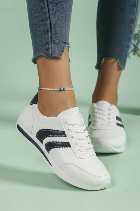 White PU Leather 2-tone Contrast Patchwork Lace-up Flat Shoes
