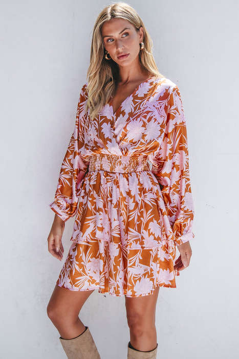Brown Floral Puff Sleeve Smocked Waist Layered Dress