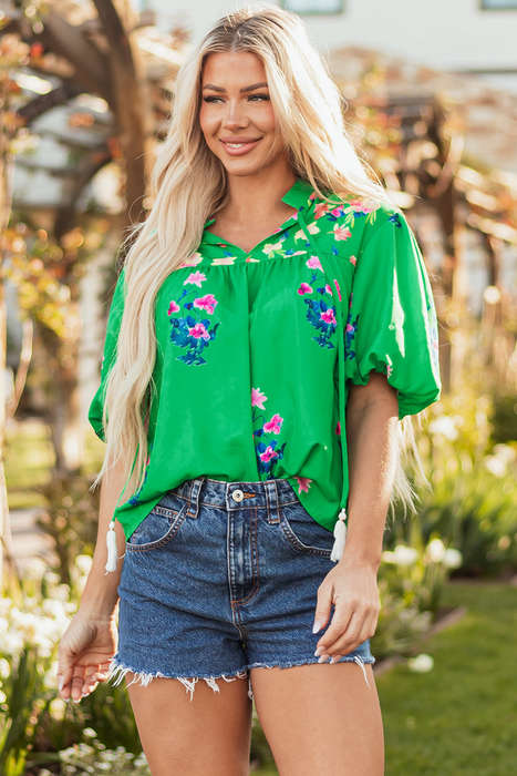 Green Floral Detail Tie Split Neck Short Sleeve Blouse