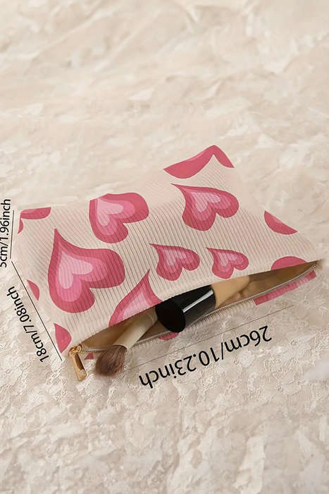 White Hearts Print Zipper Corduroy Large Cosmetic Bag