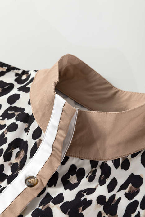 Multicolour Button Striped Collar Leopard Print Long Sleeve Flared Dress