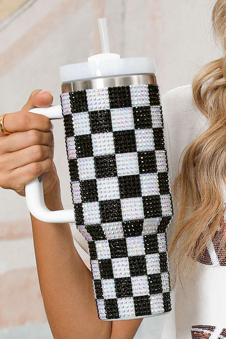 Black Full Rhinestone Checkerboard Handled Tumbler 40oz