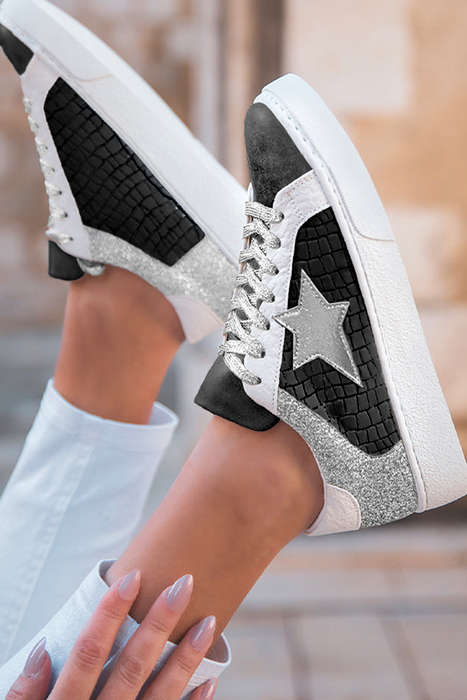 Color black Glitter Star Patchwork PU Leather Lace-up Sneakers