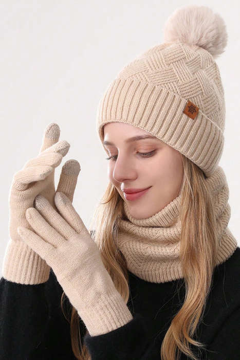 White Fleece Liner Beanie Hat Scarf and Gloves 3pcs Winter Set
