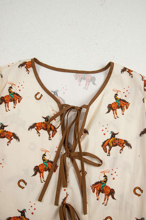 Apricot Cowboy Print Puff Sleeve Bowknot Peplum Blouse