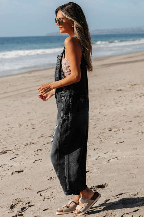Black Distressed Bib Pocket Wide Leg Denim Overall