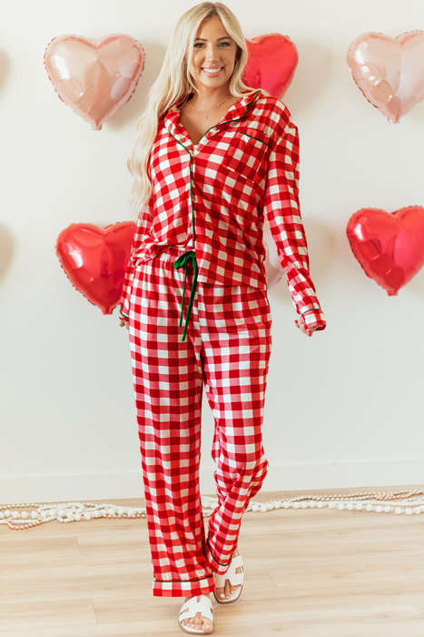 Fiery Red Christmas Plaid Print Shirt and Pants Pajama Set