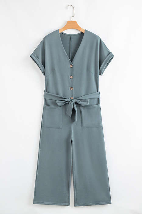 Blue Dolman Button Belted V Neck Wide Leg Pocketed Jumpsuit