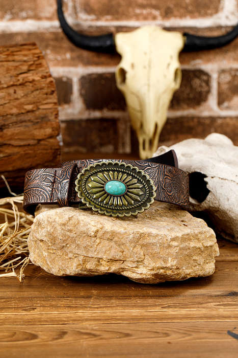 Chestnut Retro Turquoise Plate Decor Embossed Faux Leather Belt