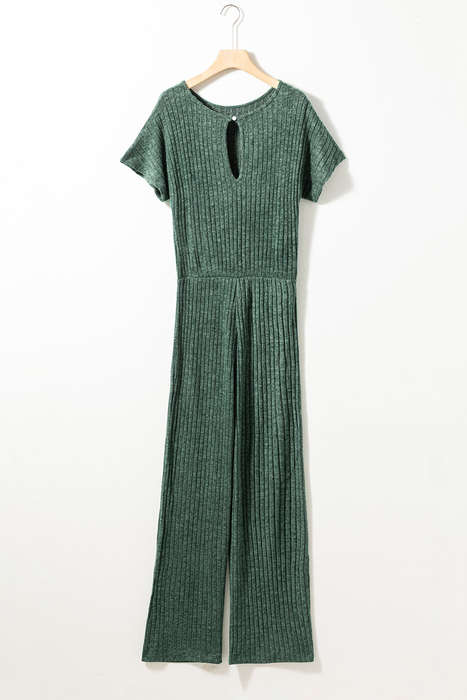 Mist Green Ribbed Keyhole Short Sleeve Wide Leg Jumpsuit