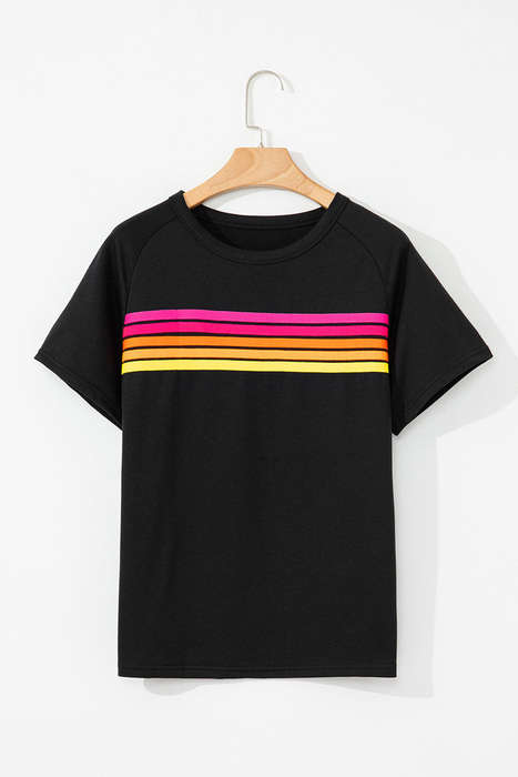 Black Striped Patch Front Casual Tee