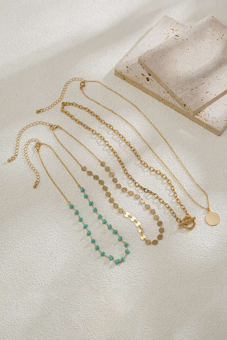 Gold Plated Toggle Disc Detail Turquoise Heart Beads 4pcs Necklace Set
