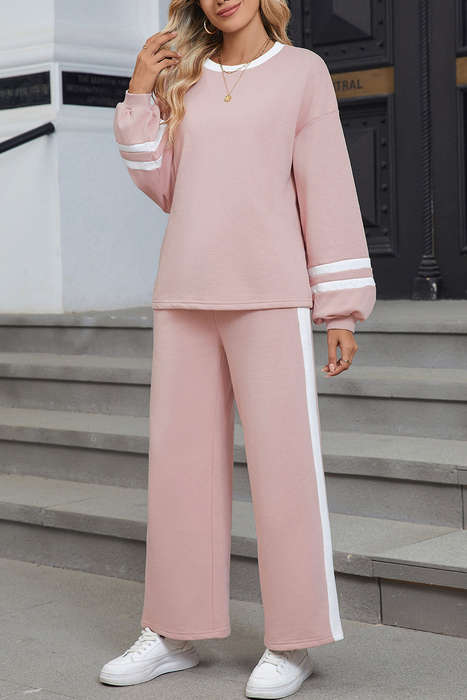 Pink Varsity Stripe Patchwork Puff Sleeve Pullover Drawstring Wide Leg Pant Set
