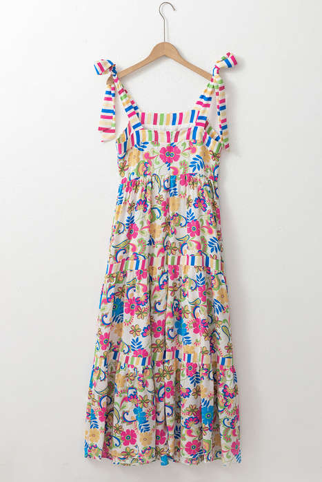 Rose Red Striped Trim Self-tie Straps Floral Maxi Dress