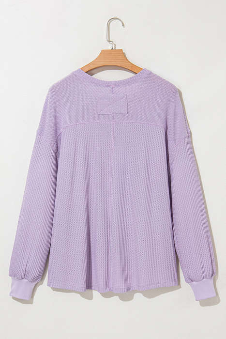 Orchid Petal Waffle V Neck Long Sleeve Drop Shoulder Loose Blouse