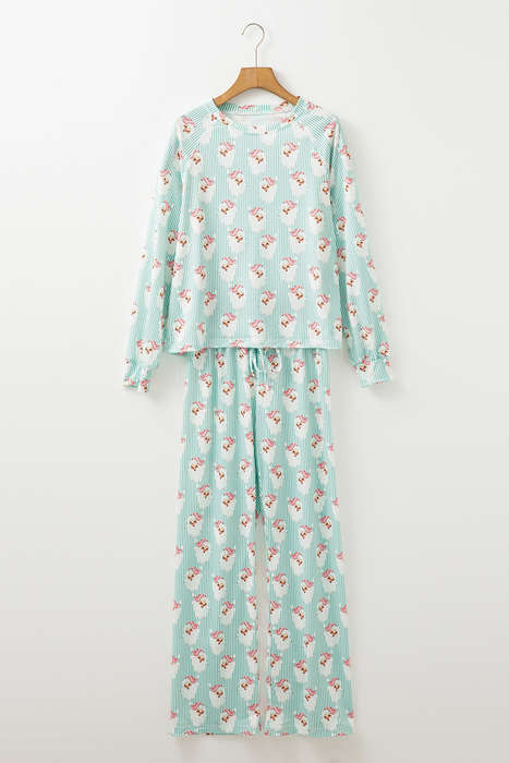 Green Santa Claus Striped Print Loose Fit Two Piece Lounge Set