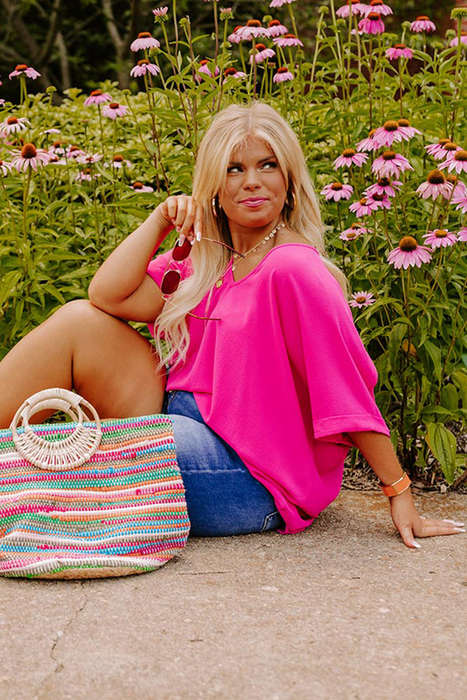 Bright Pink Seamed Back High Low Hem V Neck Cuffed Sleeve Plus Size Tee