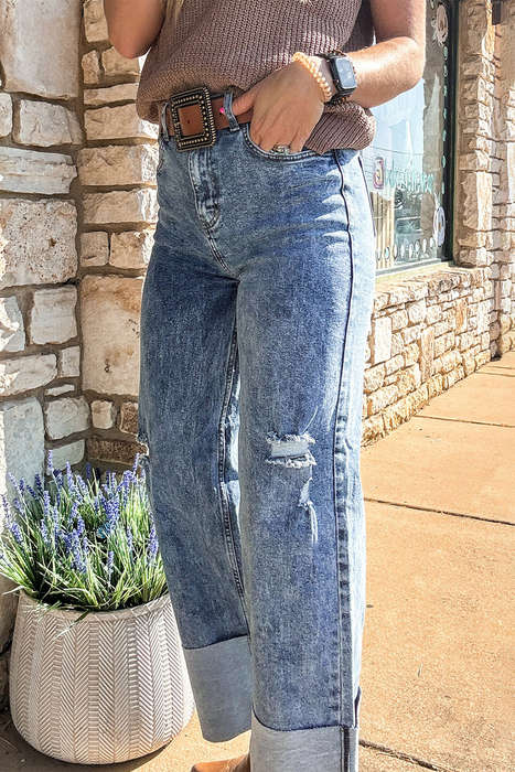 Ashleigh Blue Mineral Wash Bottom Cuff Distressed Wide Leg Jeans