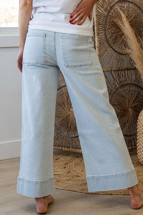 Sky Blue Stripe Button Flap Pocket Cuffed Hem Wide Leg Jeans