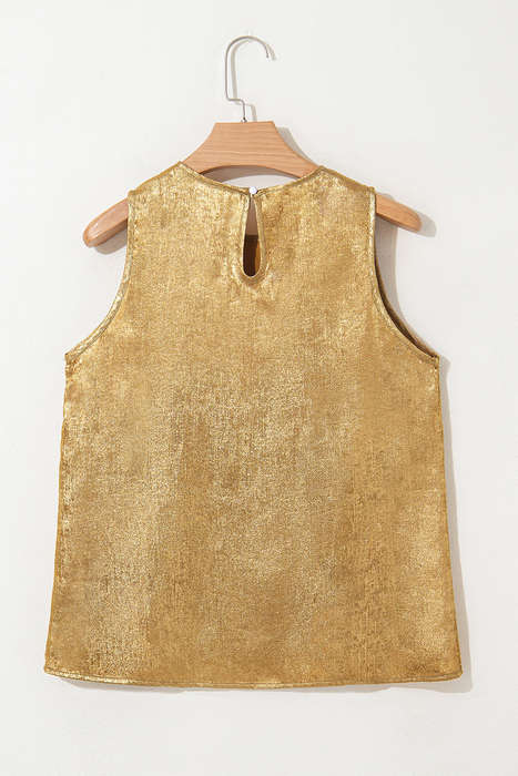 Gold Metal Textured Round Neck Casual Tank Top
