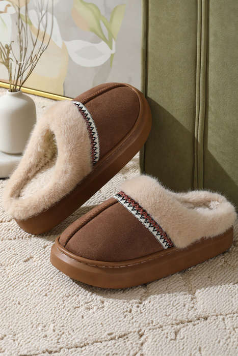 Coffee Western Woven Detail Faux Suede Furry Home Slippers